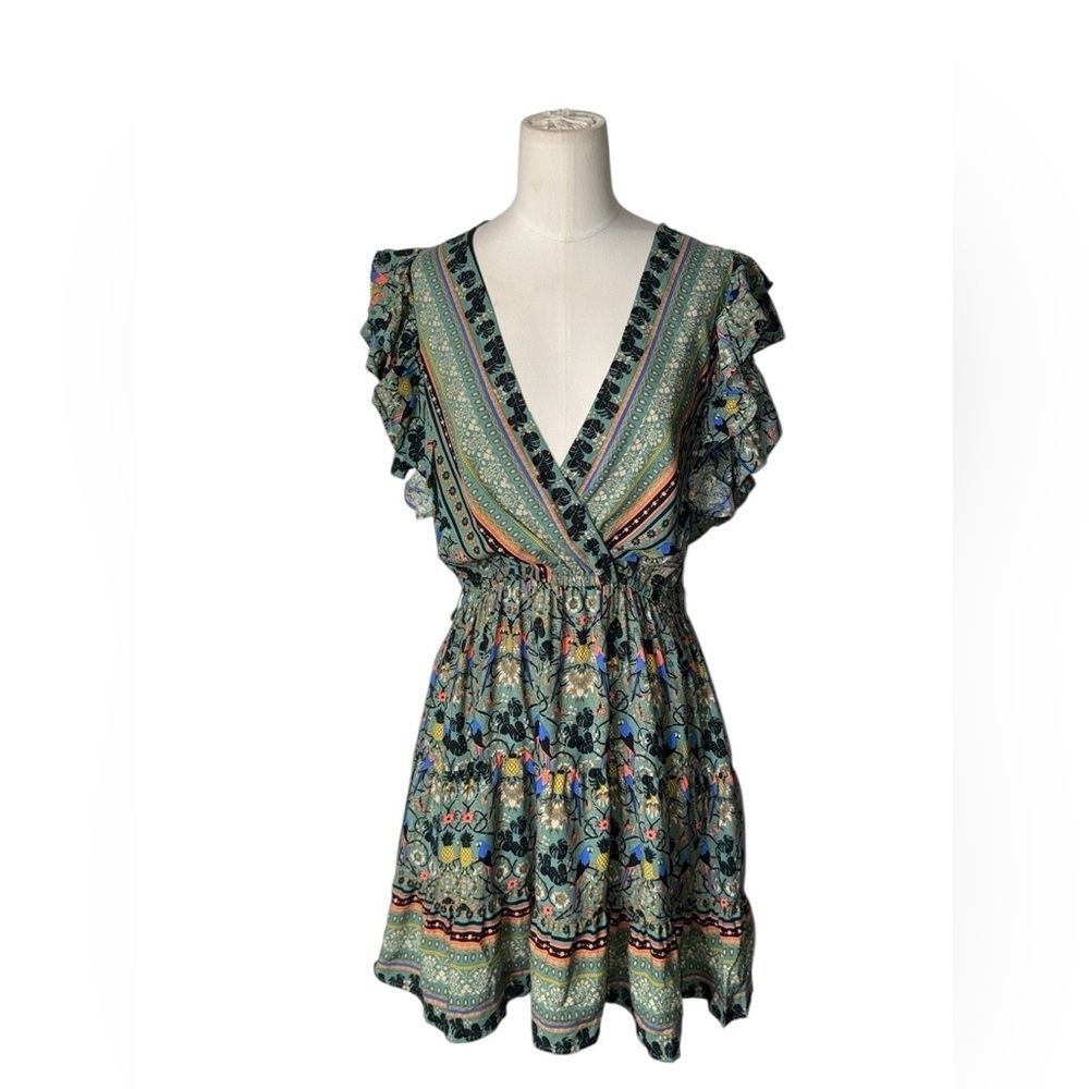 ICÔNE par‎ Simons Boho Floral Mini Dress – Ruffle Sleeve V-Neck Wrap Style - Picture 2 of 5